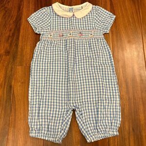 JoJo Maman Bébé Pretty Embroidered Duck Romper blue/white gingham jumpsuit NWT